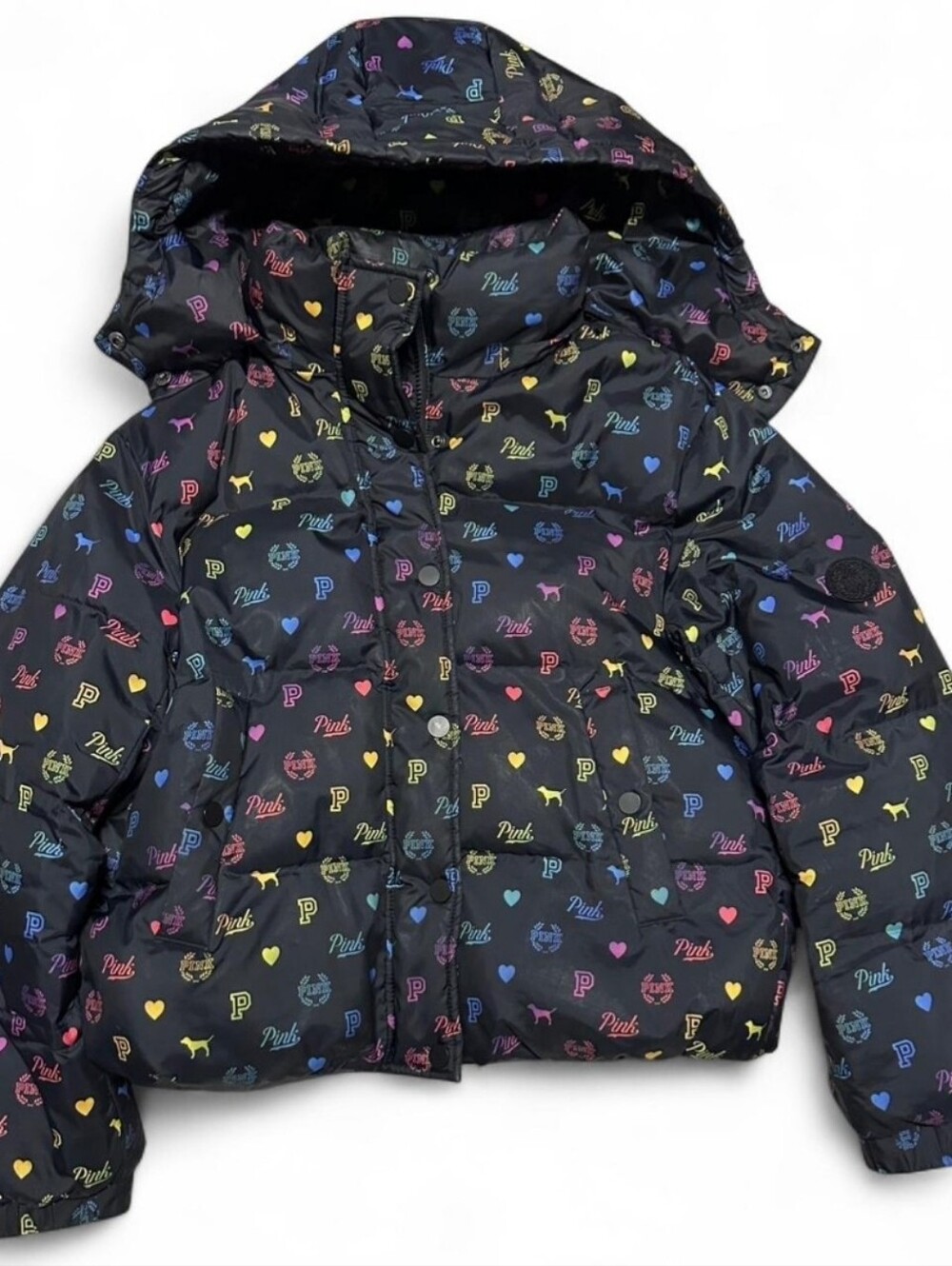 PINK Victoria's Secret Black Puffer Jacket with Multicolor Logo Hearts (RARE)
